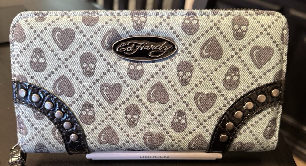 NWT Ed Hardy Studded Zip Around Wristlet - Skulls & Hearts On Blue Denim